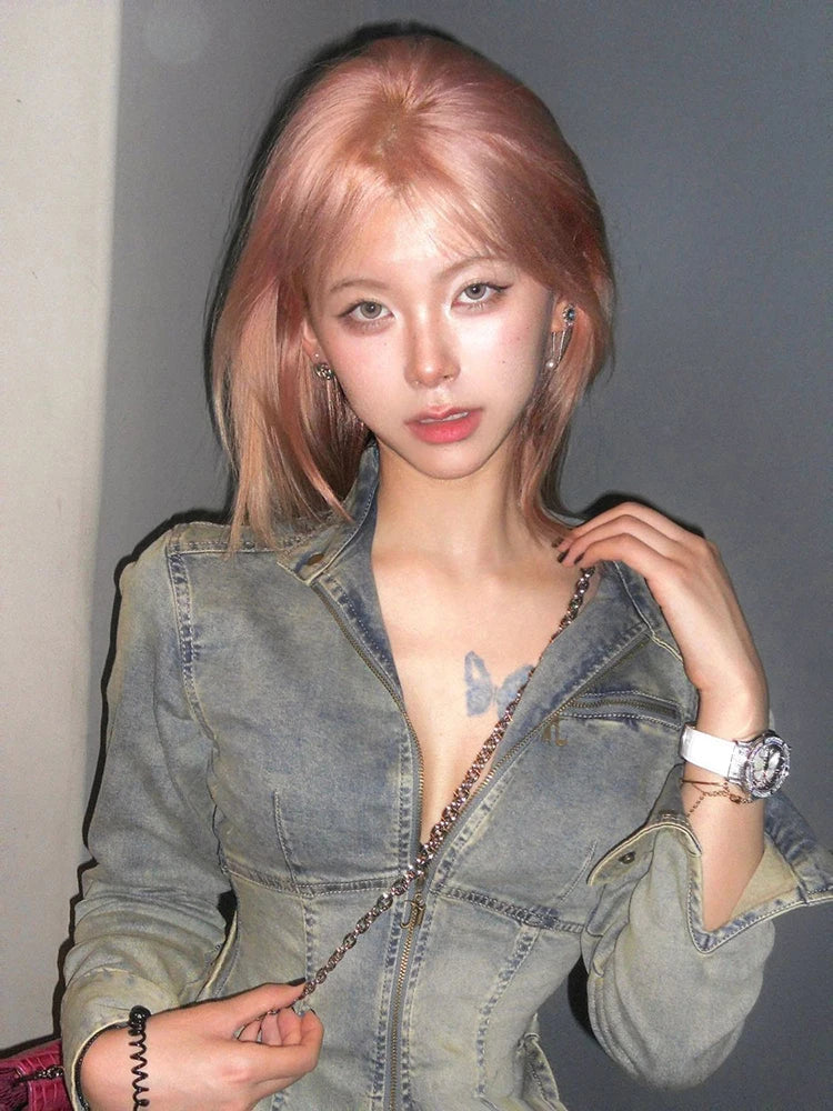 Lunivop Y2k Fashion Korea Grunge Washed Denim Woman Long Sleeve Short Jacket Slimming Zipper Streetwear 90s Autumn Winter Top Outerwears