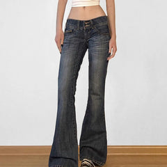 Lunivop American Retro Low Waisted Washed Jeans Women Streetwear Y2K Slim Fit Flared Pants Mujer Fashion Button Pockets Denim Trousers
