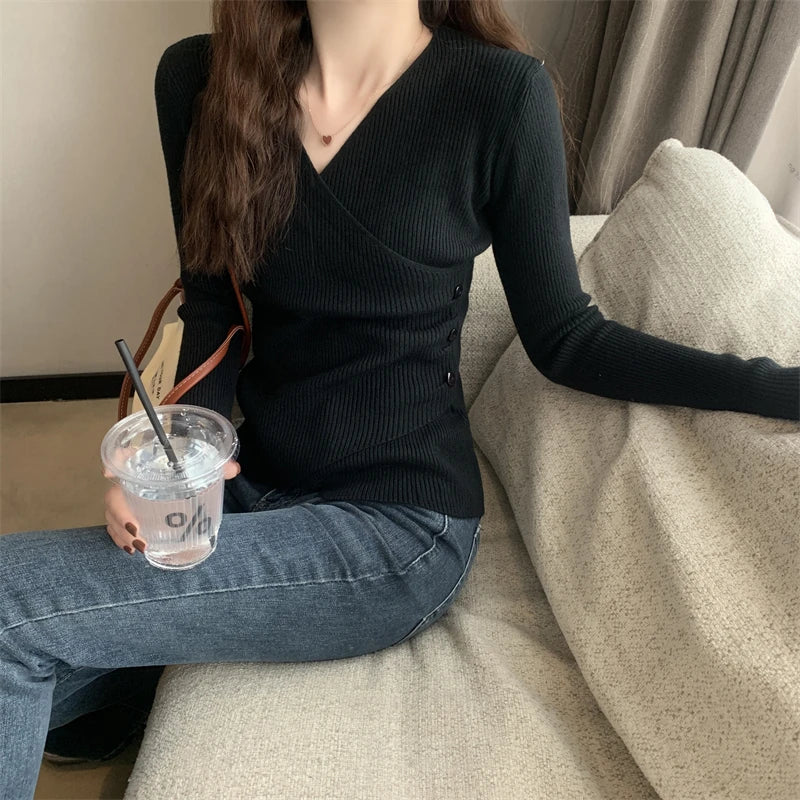Lunivop Sweater for Women Pullovers Ribbed Knit V-Neck Long Sleeve Button Side Plain Jumper Teen-girl Fall Winter Basic Outfit