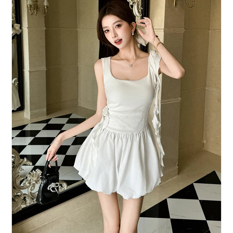 Lunivop  White Patchwork Ruffled Chic Mini Dress Women Elegant Casual Sling Dress Summer Korean Fashion Bodycon Festival Party Dress