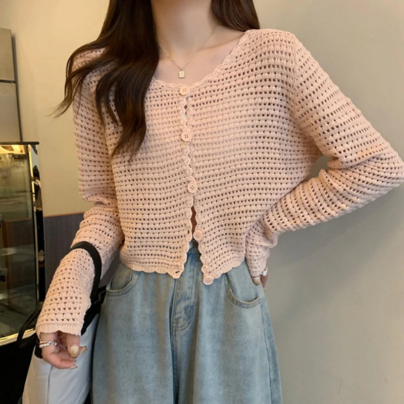 Lunivop Women Button Up Short Cardigan Knitted Shirt Hollow Out Crochet Crop Top Long Sleeved Thin Cover Up Teen-girl Casual Outfit