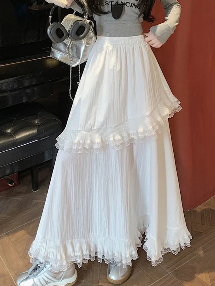 Lunivop Ruffles White Long Skirt Women High Waist Sweet Lace Patchwork Skirts Vintage Casual Loose Korean Female Summer Skirts New