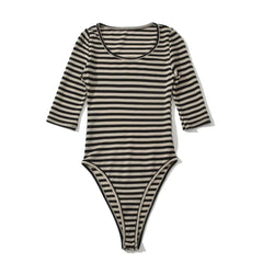 Lunivop  Summer O neck Black Beige Horizontal Stripes Half Sleeve Bodysuit Woman Tight Short Jumpsuit Slim fit Rompers Playsuits