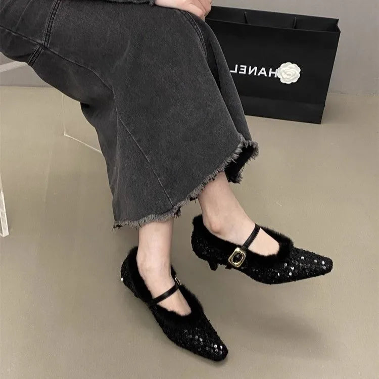 Lunivop Plush Mary Jane Single Shoes for Women New Designer Shiny Thin Heel Shoes Square Toe Shallow Mouth Warm Pumps Women's Shoes