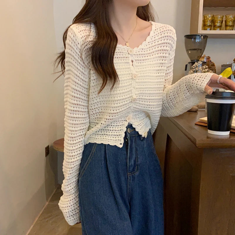 Lunivop Women Button Up Short Cardigan Knitted Shirt Hollow Out Crochet Crop Top Long Sleeved Thin Cover Up Teen-girl Casual Outfit