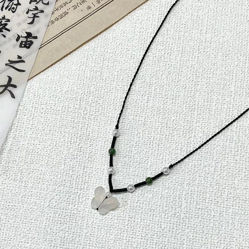 Lunivop Peace Buckle Pendant Necklace Hollow Jade Charms Necklace Chinese Style Clavicle Chain Leather Rope Sweater Necklace