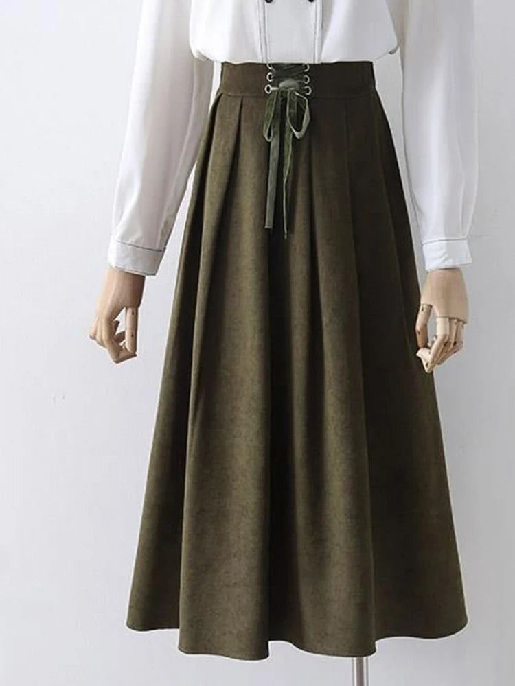 Lunivop Preppy Style Vintage Long Skirts Women High Waist Sweet Loose A Line Skirt Lace Up Retro Fall Winter Female Elegant Long Skirts