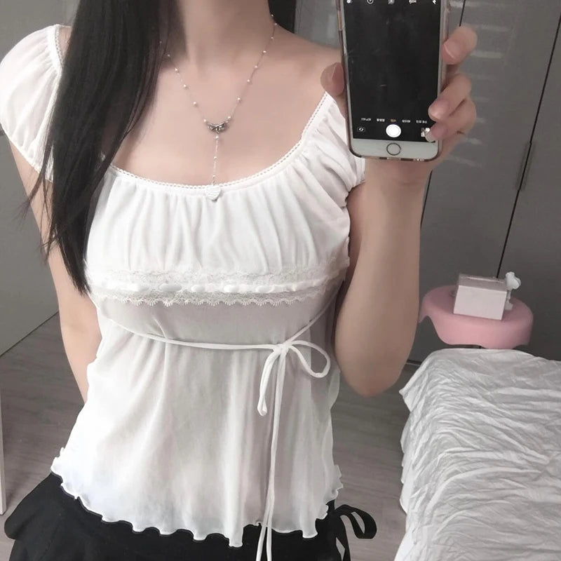 Lunivop  White Mesh Transparent Crop Top y2k Aesthetic Folds Stitching Short Sleeve T Shirts Korean Style Cute Tees Sexy Clubwear