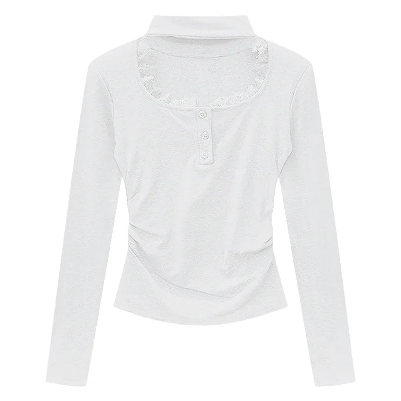 Lunivop Vintage Buttons Lace Splicing Casual Long-sleeved T-shirt Women 2025 Spring New Streetwear Sexy Slim Solid Color Halter Tops