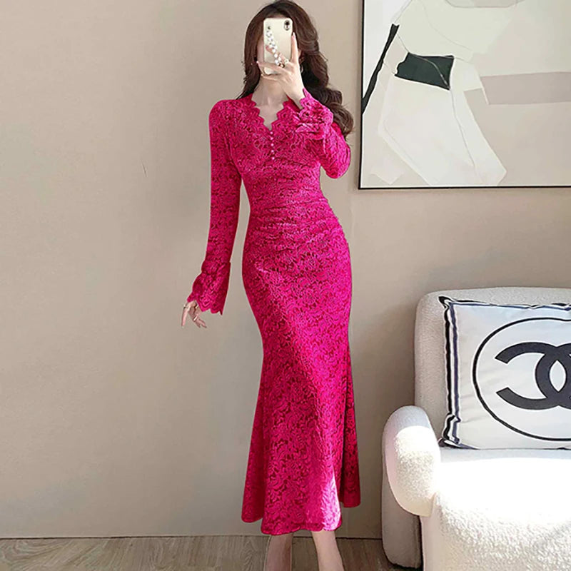 Lunivop  Autumn Winter Pink Lace Hook Flower Hollow Prom Vestidos Women Fashion Bodycon Party Dress and Events Korean Casual Dresses