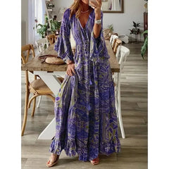 Lunivop  Women's S-3XL Size Bohemian Style Trumpet Sleeve Printed V-neck High Waisted Holiday Dress Floral Women's Long Dress