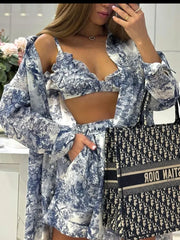 Lunivop  Retro Ink Shirt Three-piece Shorts Suit Women's Summer Casual Long Sleeve Button Print Fashion Shirt with Shorts Suit