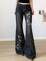 Lunivop  Vintage Embroidery Low Rise Trousers Women Y2k Hip Hop Washed Denim Trousers Grunge Retro Streetwear Slim Flare Pants Aesthetic
