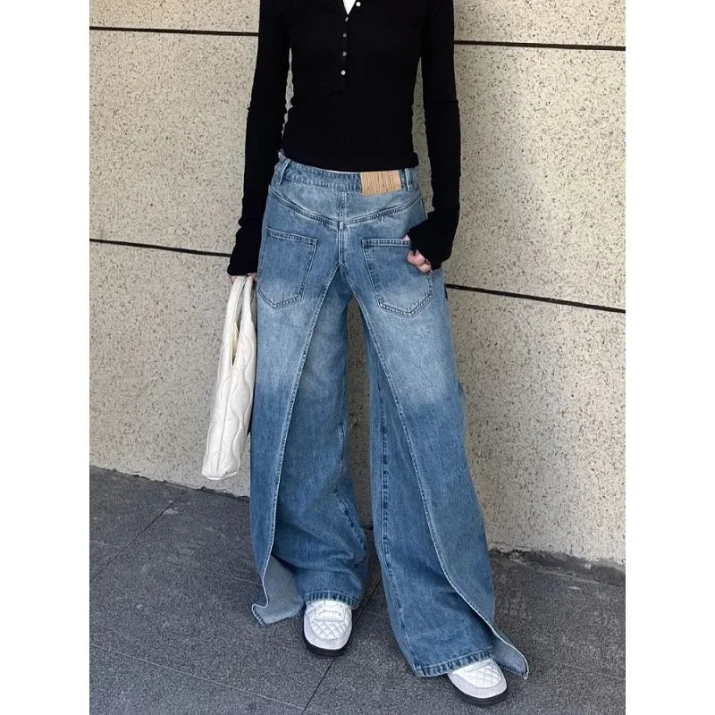 Lunivop Korean Retro Washed Splicing Casual All Match Jeans Women Spring New High Waist Loose Distressed Denim Wide Leg Pants