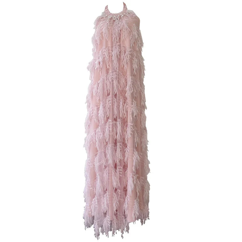 Lunivop  Fashion Tassels Pearl Dress Women's Round Neck Sleeveless High Waist Dresses 2025 Summer New Tide