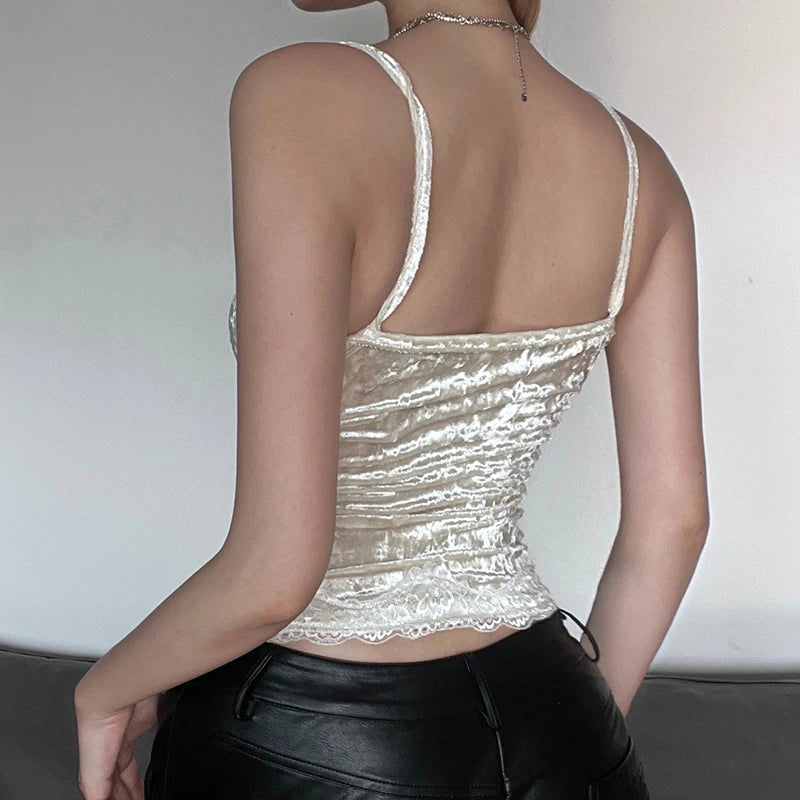Lunivop  Retro Velvet Camis Elegant Y2k Sleeveless Lace Patchwork Strap Crop Top Women Basic Casual Tees 90s Vintage Outfits Sweet