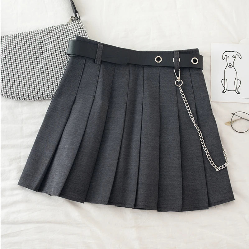 Lunivop Punk Mini Skirt With Chain Belt Rock Girl Cheerleading Belted Pleated Skirt Women Alt-girl Egirl Y2K Outfit