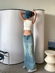 Lunivop Streetwear Loose Casual Blue Denim A-line Skirt Women Summer New Korean High Waist Washed Distressed Mid-length Skirt