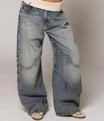 Lunivop  Y2K Hip-hop Stitching Fashion Joker Retro Jeans Female Korean Casual Simple Dress Essential Wide-leg Pants Loose  Joker Overalls