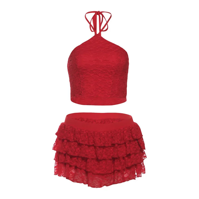 Lunivop  Red Sexy Lace 2 Piece Set Women Lace-up Halter Backless Tank Crop Tops + Cascading Ruffles Mini Cake Skirts Party Clubwear Suits