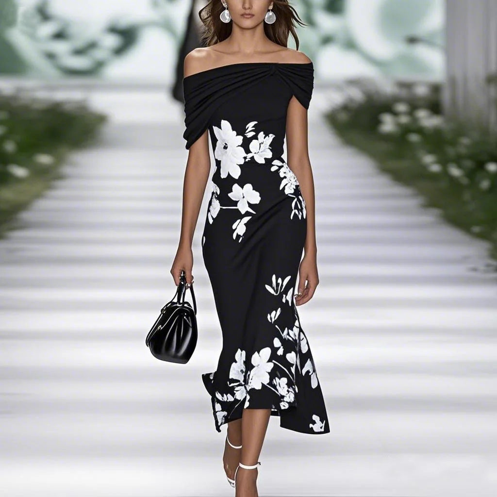 Lunivop  Summer Commuting Long Dress Flower Print Off Shoulder Women's A-line Dress New Fashion Hollow High Waist Wrap Hip Dress