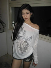 Lunivop Korean Fashion Graphic Tees Women Transparent Vintage Gothic T Shirt Long Sleeve Loose Punk T-shirt Streetwear Tops