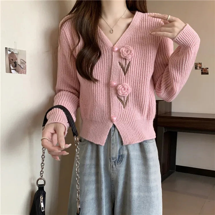 Lunivop Flower Applique Knit Cardigan Autumn Winter Women Cardigan Sweater Coats Long Sleeve Crop Knitted Jackets Cute Outfit