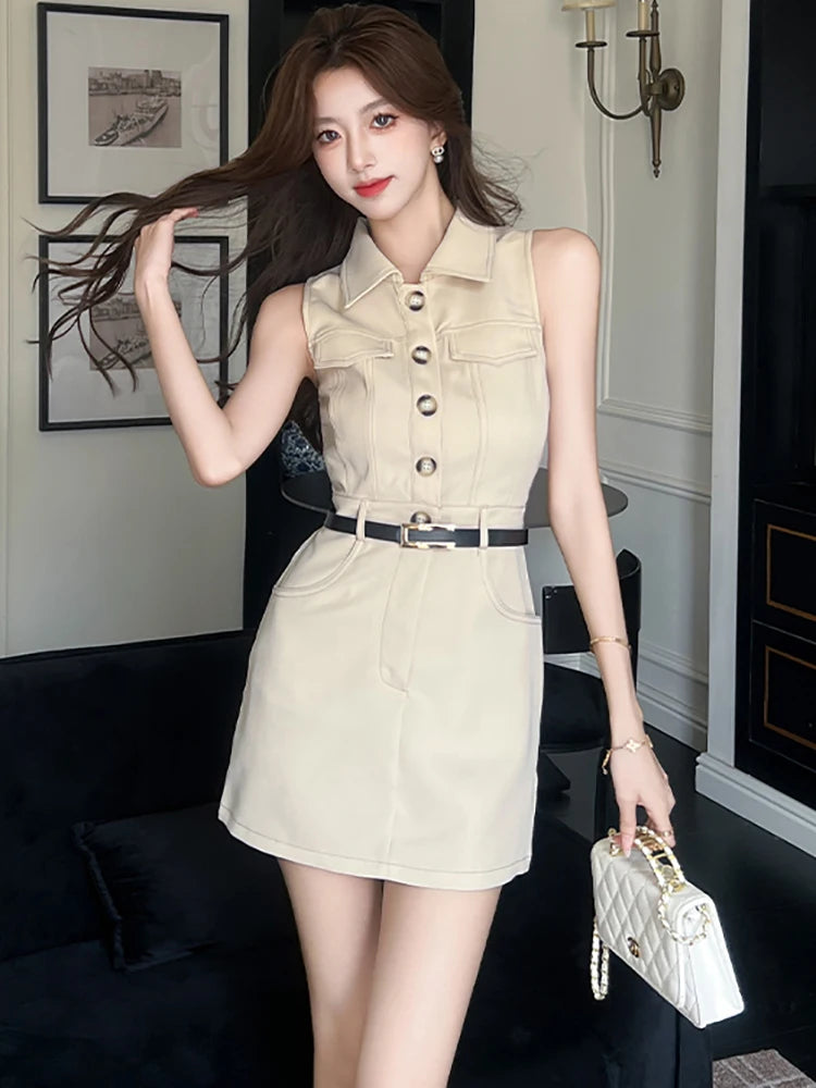 Lunivop  Summer Solid Bodycon Sleeveless Polo Collar Short Dress Women Elegant Single Breasted Dress Korean Fashion Bandage Dresses