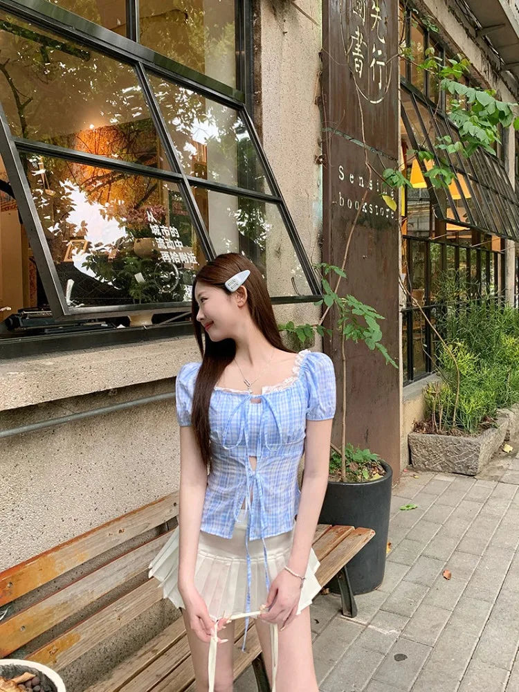 Lunivop  Blouse Women Sweet Elegant Plaid Lace Patchwork Bandage Puff Short Sleeve Crop Tops Square Collar Female Casual Shirts