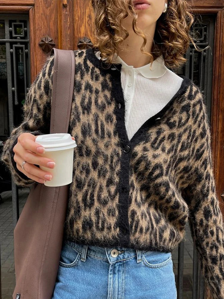 Lunivop Leopard O-neck Women's Cardigan Sweaters Casual Single-Breasted Long Sleeved Sweater Female Autumn Winter Warm High Street Tops