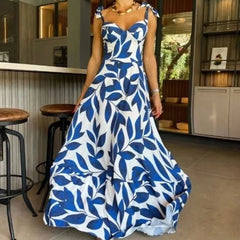 Lunivop  Summer Print Long Dress Women Clothing Lace Up Party Dresses Pattern Spaghetti Strap Ladies V-Neck Beach Sundress