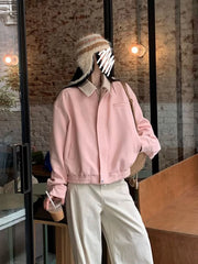 Lunivop Pink Faux Suede Jacket Women Sweet Long Sleeve Vintage Streetwear Baseball Coat Fall Casual Retro American Y2K Lady Outwear