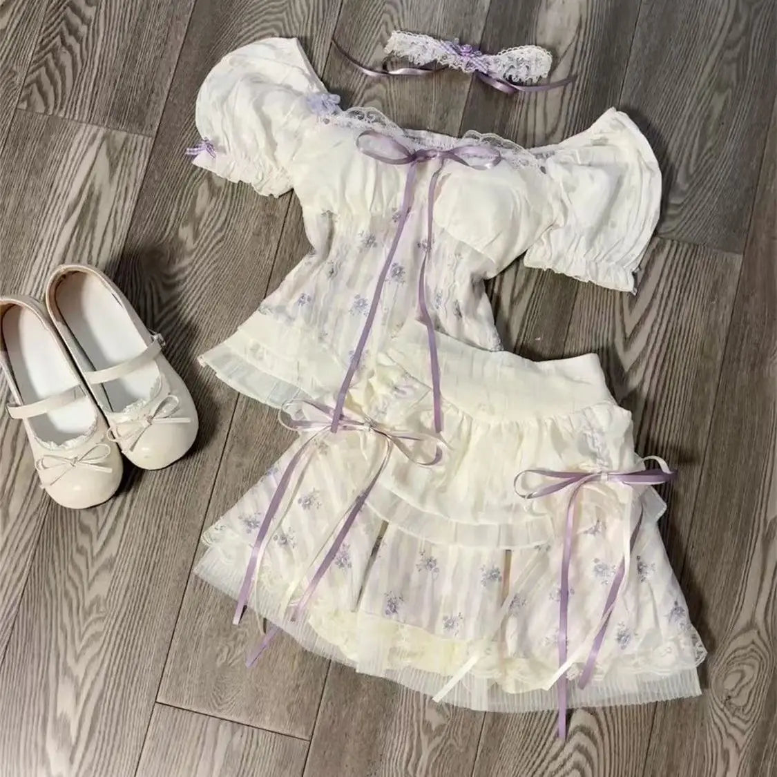 Lunivop  Summer Sweet Puff Sleeve Slim Fit Floral Top for Women+ Y2k High Waist Lace Bow Cake Skirts New Two Piece Sets