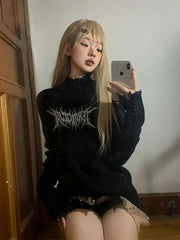 Lunivop Gothic Black Y2k Knitted Pullover Women Punk Harajuku Graphic Sweaters Grunge Solid Long Sleeve Pullovers Streetwear