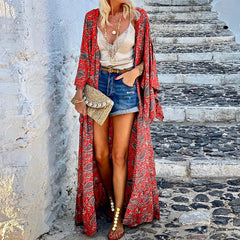 Lunivop   Summer Beach Cardigan Vintage Holiday Shirt Bohemian Women Floral Printed Long Sleeve Blouse Kimono Tops Open Up Cover