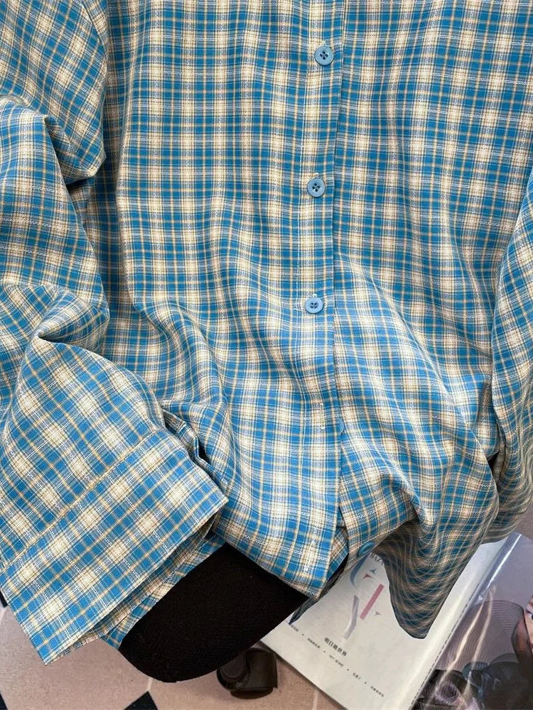Lunivop Retro Blue Plaid Shirt Women Casual Fall Long Sleeve Harajuku Retro Blouse Japan Preppy Style Female Turn Down Collar Tops