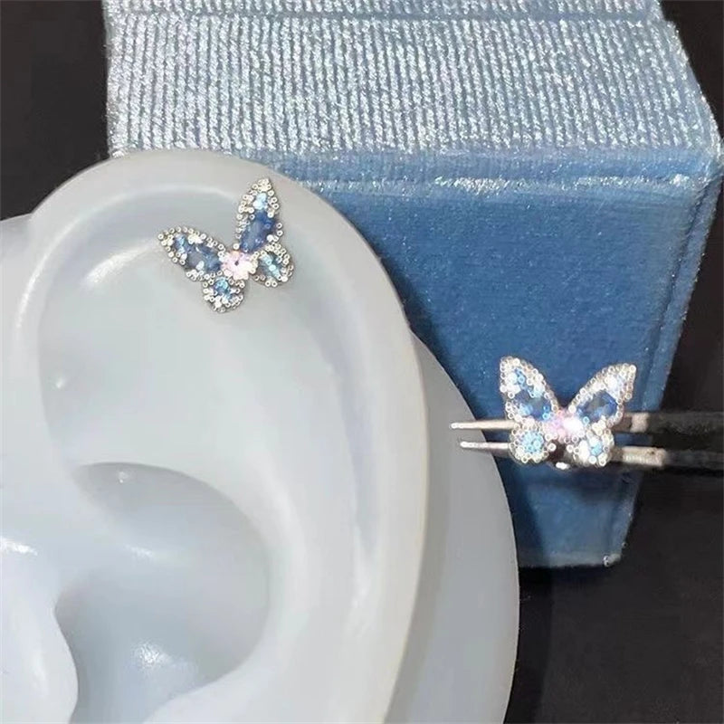 Lunivop 1PCS Delicate Blue Pink Zircon Butterfly 316L Stainless Steel Ear bone nail Y2K Hottie Cute Earring for Women Cochlea Accessorie