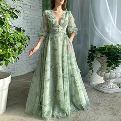 Lunivop  New Sweet Evening Dresses Women Elegant Long Sleeve Party Dress V-neck A-line Prom Dress Formal Occasion Gown Customized