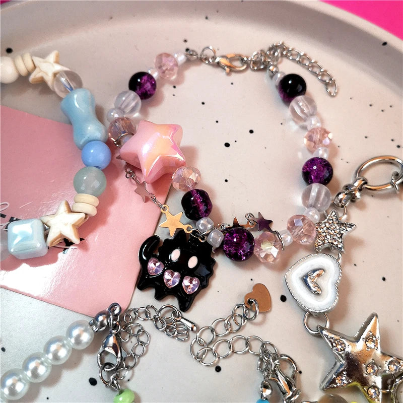 Lunivop Goth Aesthetic Black Cat Star Love Ceramic Acrylic Colorful Beaded Chain Bracelet Girl 2000s EMO Charm Jewelry Y2K Accessories