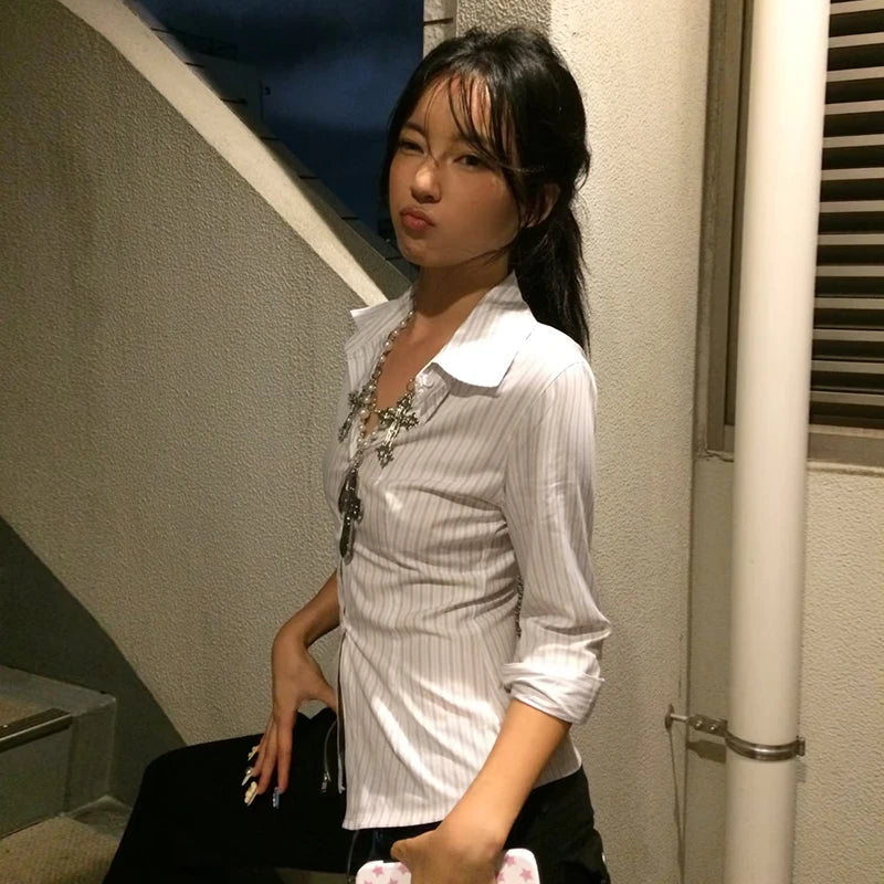 Lunivop Korean Style Casual Shirt Women Three Quarter Striped Shirts 2000s Japanese Y2k Vintage Tops Slim Retro Shirts Summer