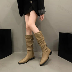 Lunivop Vintage Thick Heel Women Pleated Knee High Boots New Fashion Slip on Shoes Autumn Winter Ladies Pointed Toe Long Booties