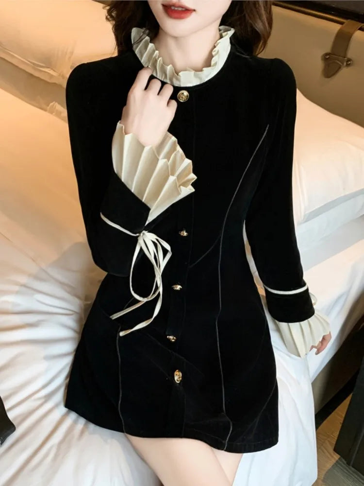 Lunivop  Y2K Black Mini Dresses for Women Single Breasted Flare Long Sleeve Ruffles Evening Party Dress Autumn Fashion A-Line Vestidos