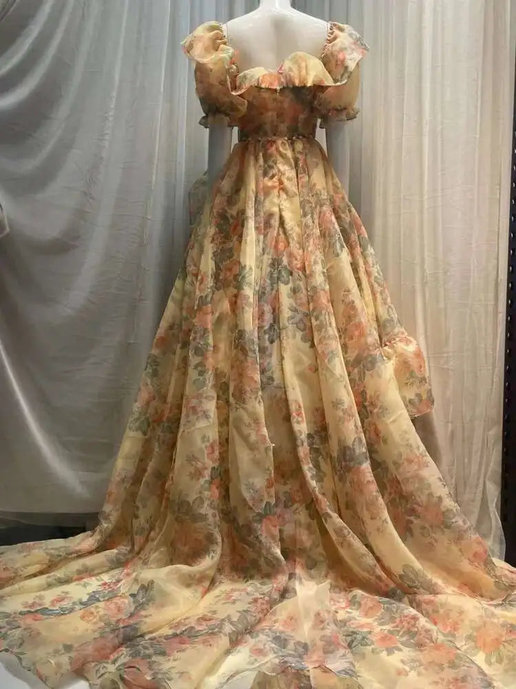Lunivop New Print Women Floor-Length Dress French Niche Design Floral Tail Square Neck Bubble Sleeve Dresses Female