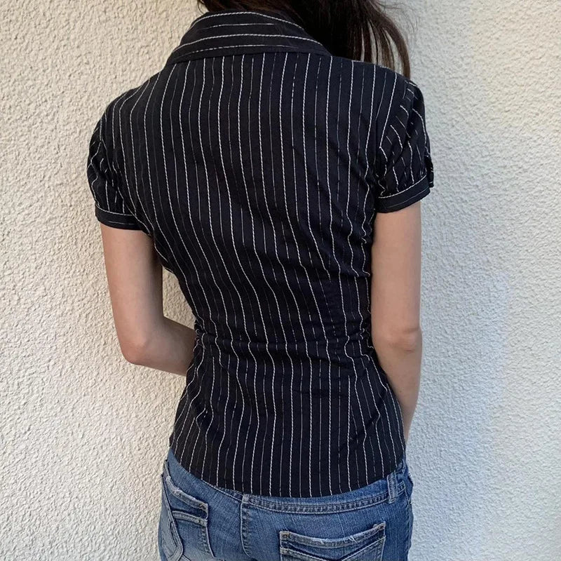 Lunivop Women's Black Lace Striped T Shirt, V-Neck, Button, Elegant Crop Top, Vintage Short Sleeved Cardigans, Women Grunge Korean Tees