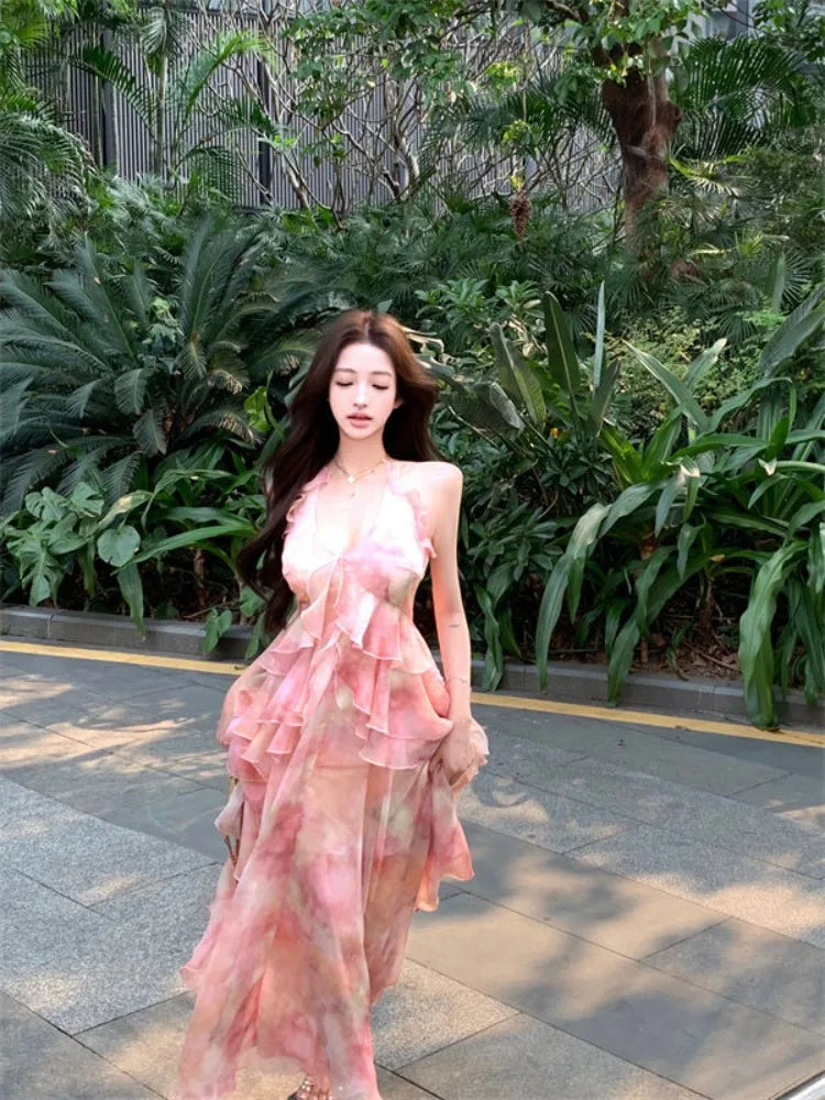 Lunivop  Dresses Women Ruffles Patchwork Sleeveless Halter Tie Dye Slim Summer Fashion Elegant Temperament Dress Party Holiday