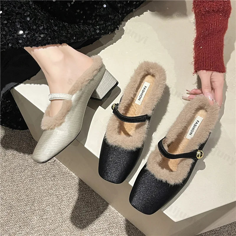 Lunivop Elegant Metal Buckle Mary Janes Woman Half Slippers New Mid Heel Dress Shoes Ladies Winter Warm Plush Belt Pumps Zapatos