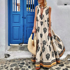 Lunivop  Women Bohemian Dress Deep V Neck A-Line Sleeveless Print Retro Maxi Dresses High Waist Loose Floor-Length Long Dress