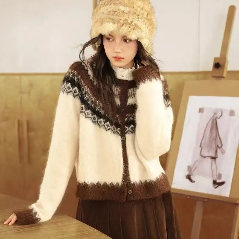 Lunivop Button Up Fair Isle Sweater Cardigan Soft Knit Sweater Jacket Geometric Print Cozy Knitwear Teen-girl Fall Winter Vintage Outfit