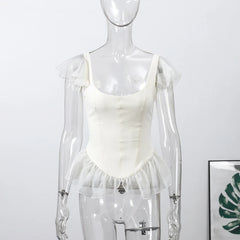 Lunivop  Contrast Ruffle Strap Camisole Top Ivory Slim Fit Sheer Chiffon Trim Summer Romantic Women Tops Fashion Sweet Lady Blouse
