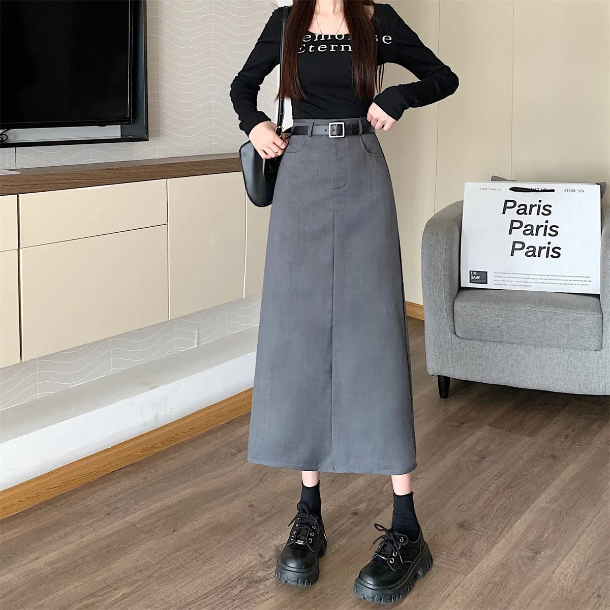Lunivop High-waisted Slimming Skirt Greysuit Women's Lightweight Casual A- line Medium-length Dress
